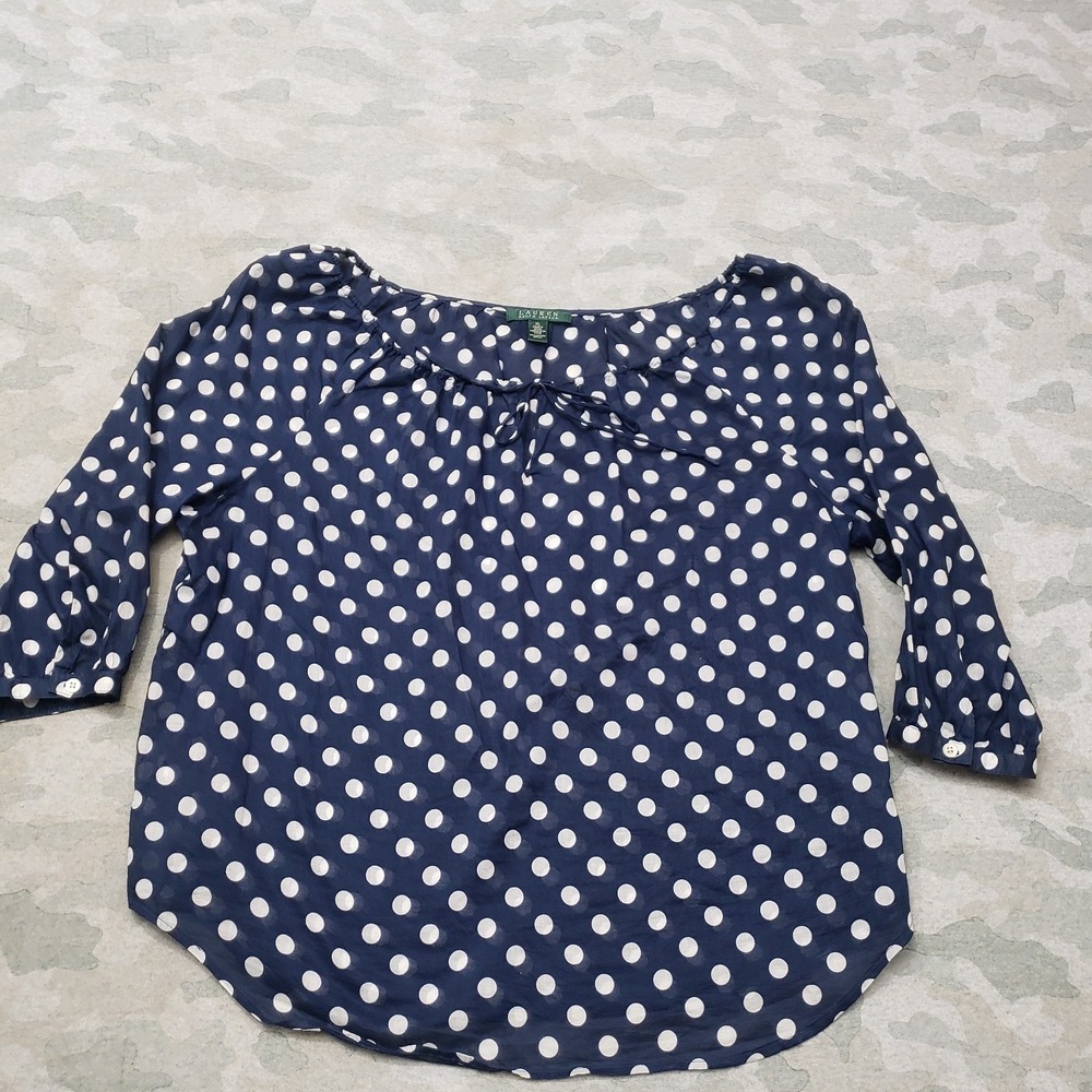 Lauren Ralph Lauren Top Womens XL Blue Polka Dot 3/4 Quarter Sleeve Elegant